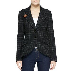 Smythe Hunting Blazer Wool Charcoal Windowpane Camel Leather Size 6 Equestrian